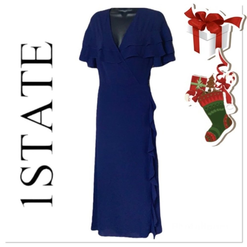 1 State Navy Blue Surplice Neck Short Sleeves Wrap Ruffle Midi Dress S